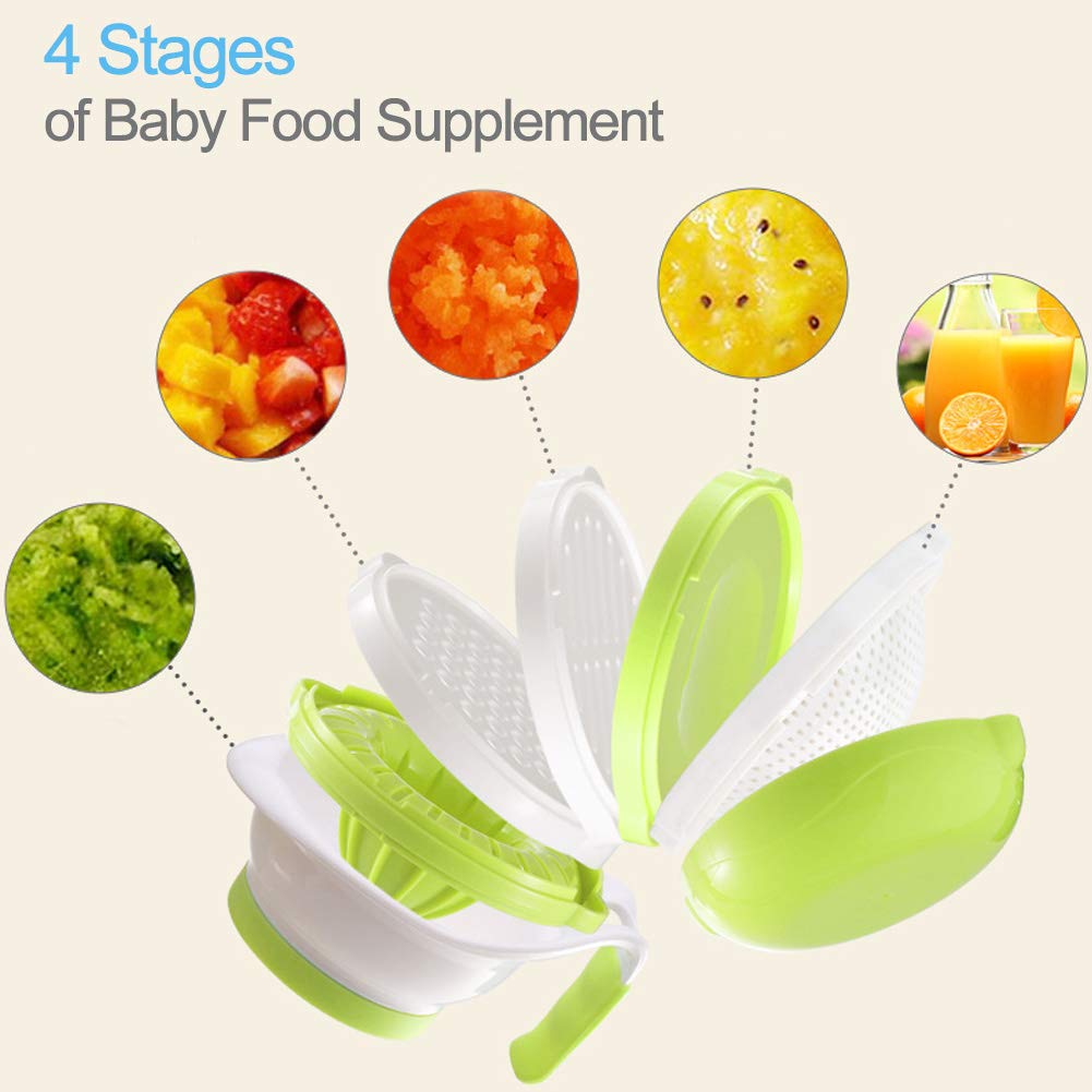 Versatile Baby Food Maker Set - Toddler Food Mills with Mash Bowl, Hand Masher, Citrus Juicer, Grater - Making Homemade Baby Food - Fruits and Vegetables Masher - No BPA ( Green)