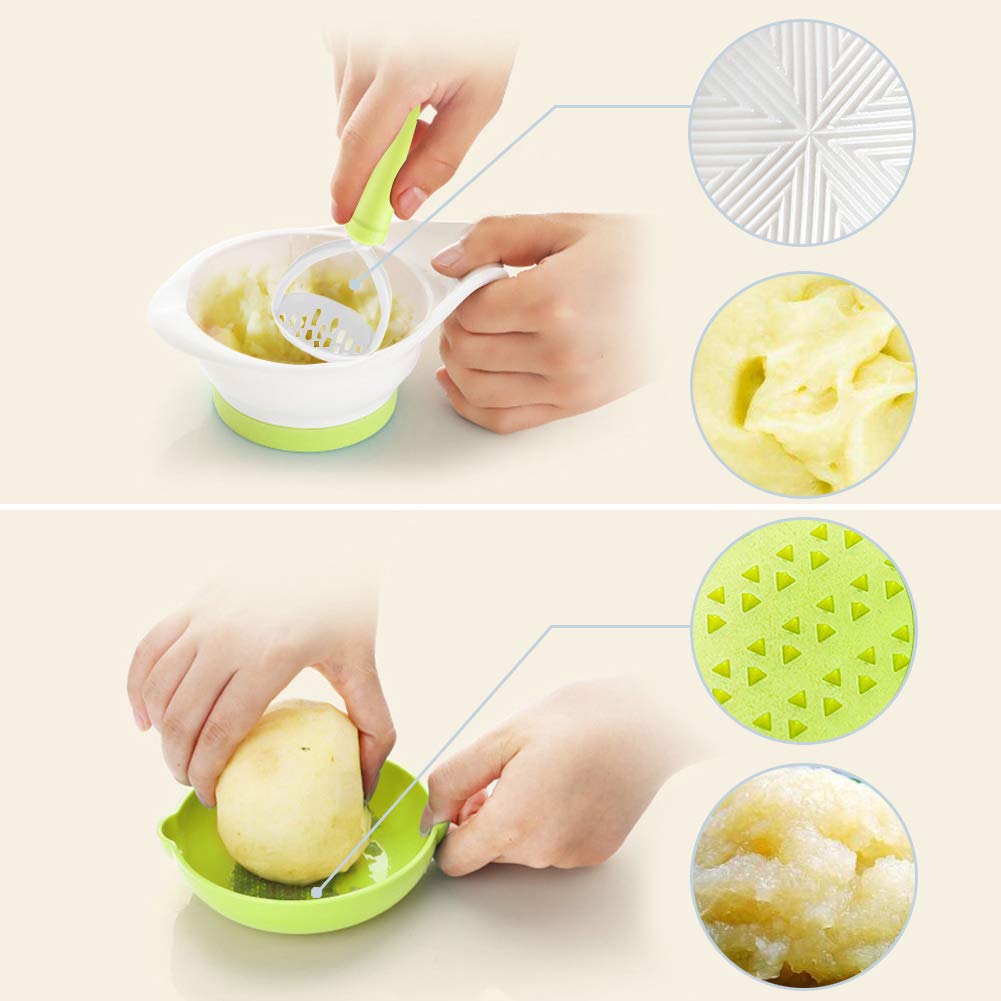 Versatile Baby Food Maker Set - Toddler Food Mills with Mash Bowl, Hand Masher, Citrus Juicer, Grater - Making Homemade Baby Food - Fruits and Vegetables Masher - No BPA ( Green)