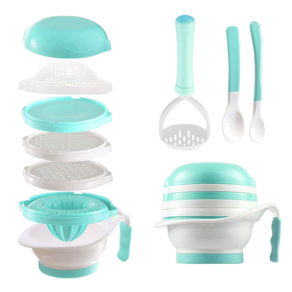Versatile Baby Food Maker Set - Toddler Food Mills with Mash Bowl, Hand Masher, Citrus Juicer, Grater - Making Homemade Baby Food - Fruits and Vegetables Masher - No BPA ( Green)
