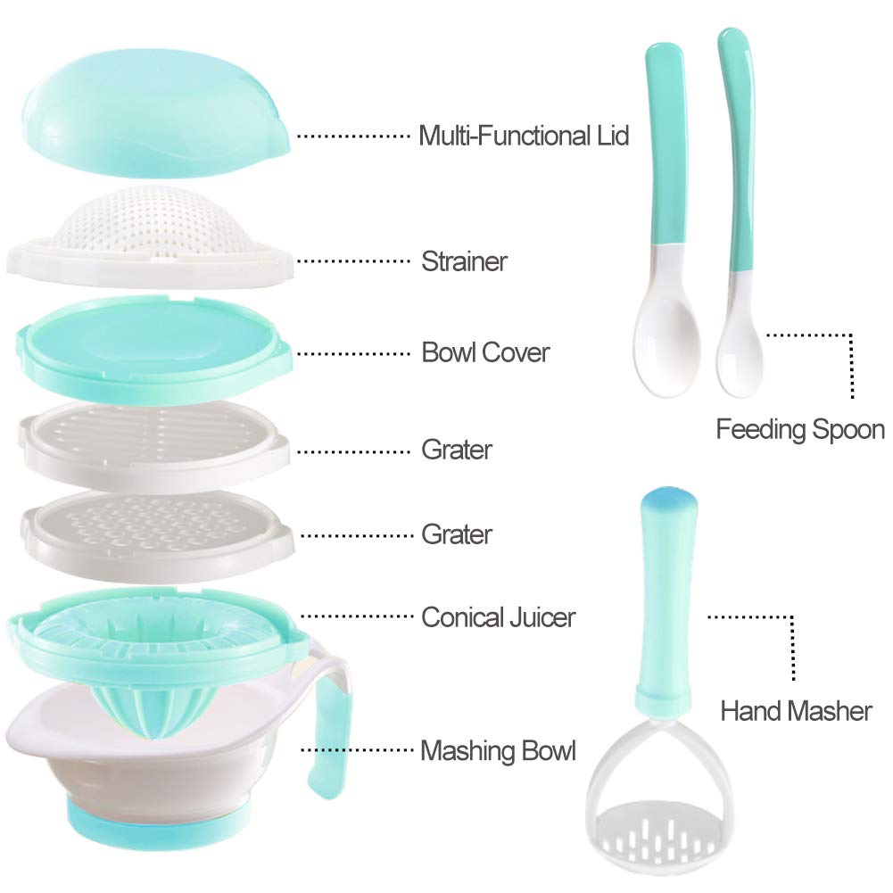 Versatile Baby Food Maker Set - Toddler Food Mills with Mash Bowl, Hand Masher, Citrus Juicer, Grater - Making Homemade Baby Food - Fruits and Vegetables Masher - No BPA ( Green)