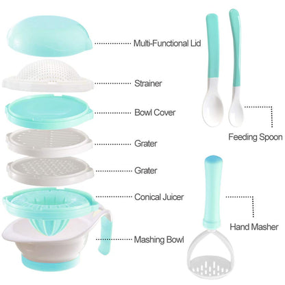 Versatile Baby Food Maker Set - Toddler Food Mills with Mash Bowl, Hand Masher, Citrus Juicer, Grater - Making Homemade Baby Food - Fruits and Vegetables Masher - No BPA ( Green)