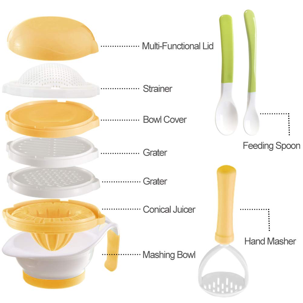 Versatile Baby Food Maker Set - Toddler Food Mills with Mash Bowl, Hand Masher, Citrus Juicer, Grater - Making Homemade Baby Food - Fruits and Vegetables Masher - No BPA ( Green)