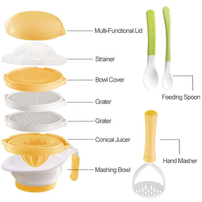 Versatile Baby Food Maker Set - Toddler Food Mills with Mash Bowl, Hand Masher, Citrus Juicer, Grater - Making Homemade Baby Food - Fruits and Vegetables Masher - No BPA ( Green)