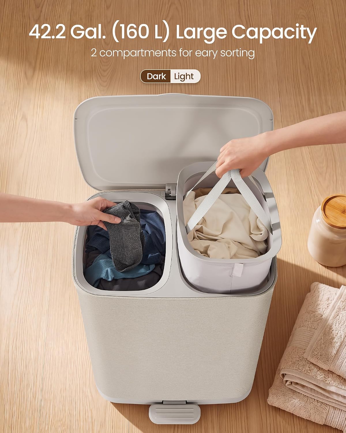 SONGMICS Laundry Hamper with Lid and Pedal, 160L Laundry Basket，2 Sections