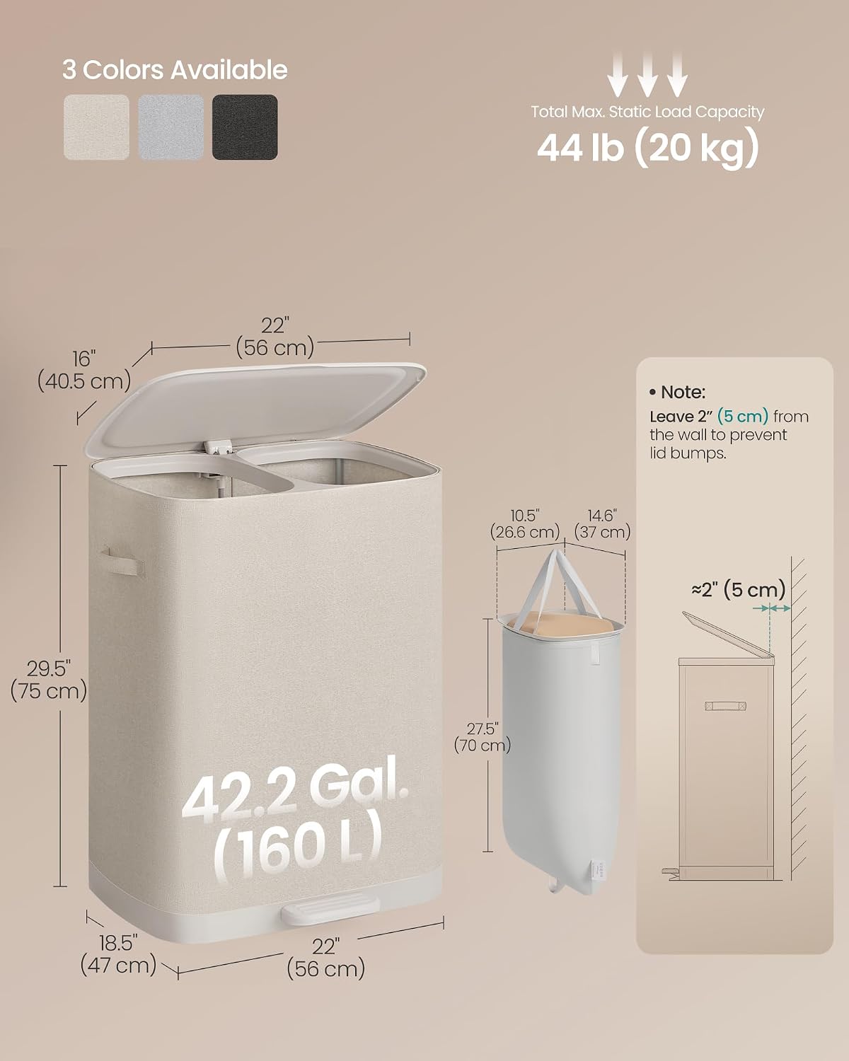 SONGMICS Laundry Hamper with Lid and Pedal, 160L Laundry Basket，2 Sections