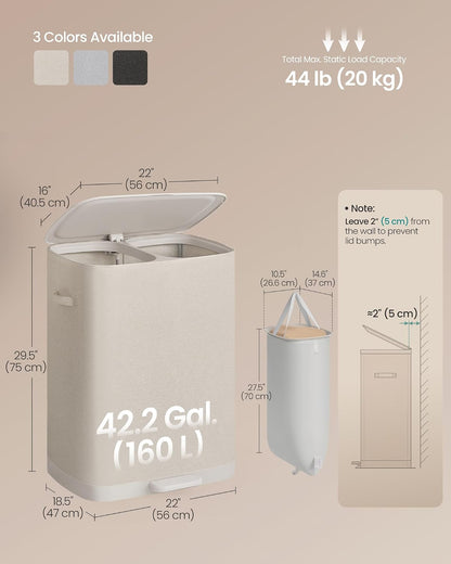 SONGMICS Laundry Hamper with Lid and Pedal, 160L Laundry Basket，2 Sections
