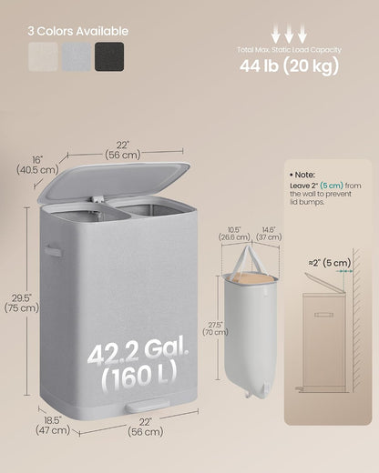 SONGMICS Laundry Hamper with Lid and Pedal, 160L Laundry Basket，2 Sections