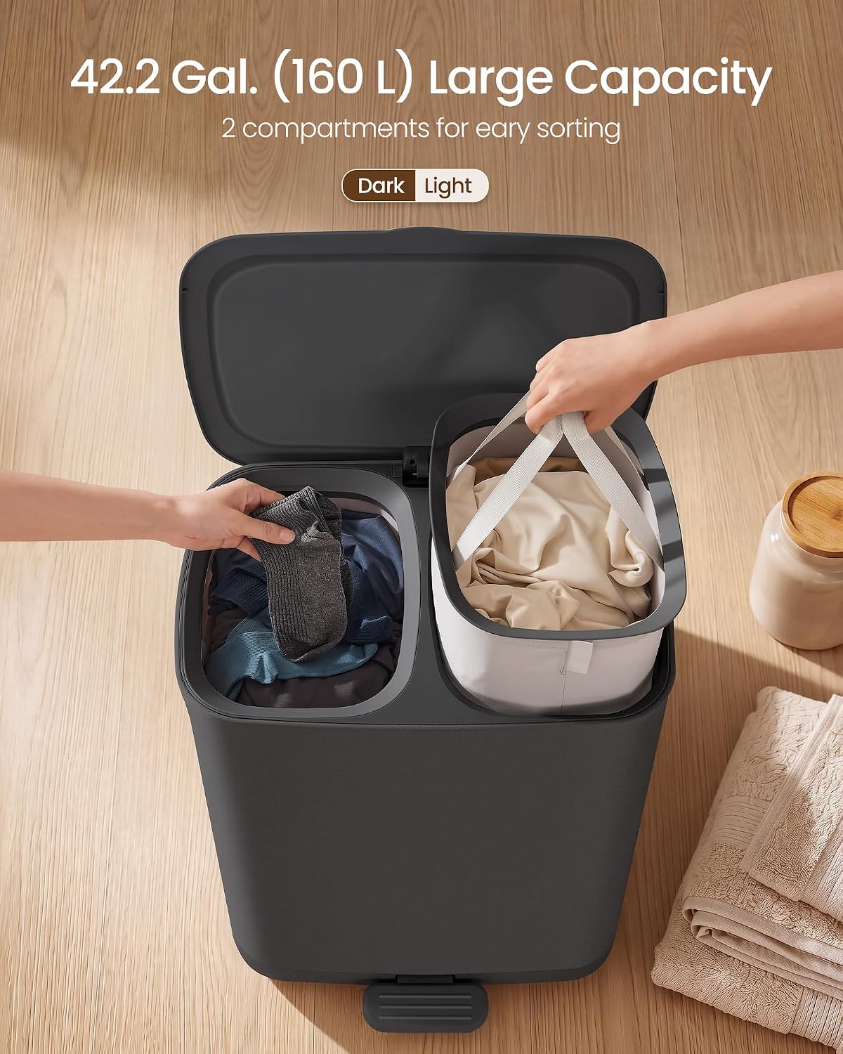 SONGMICS Laundry Hamper with Lid and Pedal, 160L Laundry Basket，2 Sections
