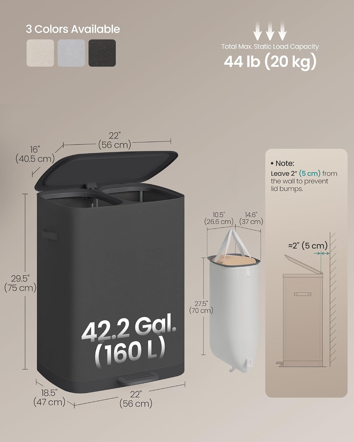 SONGMICS Laundry Hamper with Lid and Pedal, 160L Laundry Basket，2 Sections