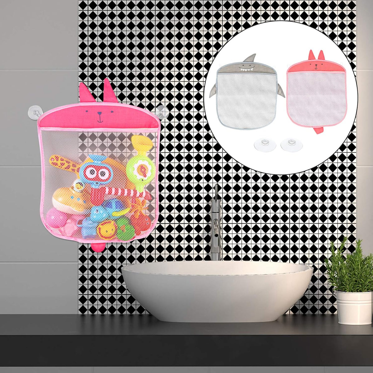 2pcs Wall-Mounted Bath Toy Storage Bag with Suction Cups Waterproof Mesh Organizer for Boys and Girls Bathroom Creative Toy Holder for Easy Cleaning and Quick Drying