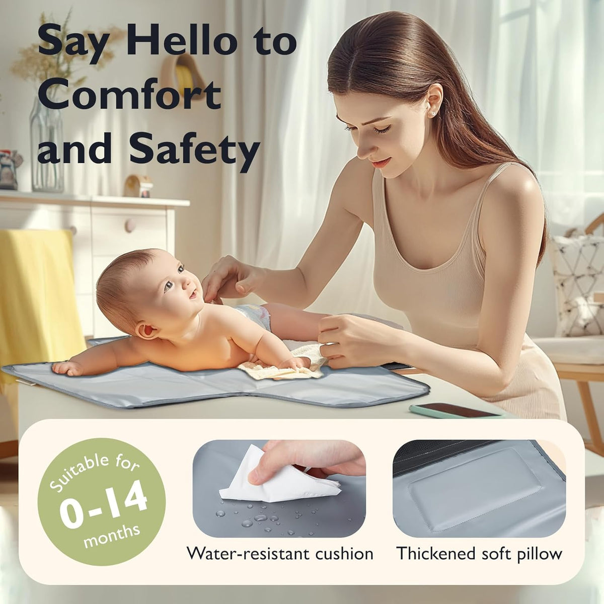 Portable Changing Pad for Baby Newborn Water Resistance Detachable Travel Diaper Changing Mat with Wipes Pockets Padded Pillow Baby Essentials Gifts (Grey)