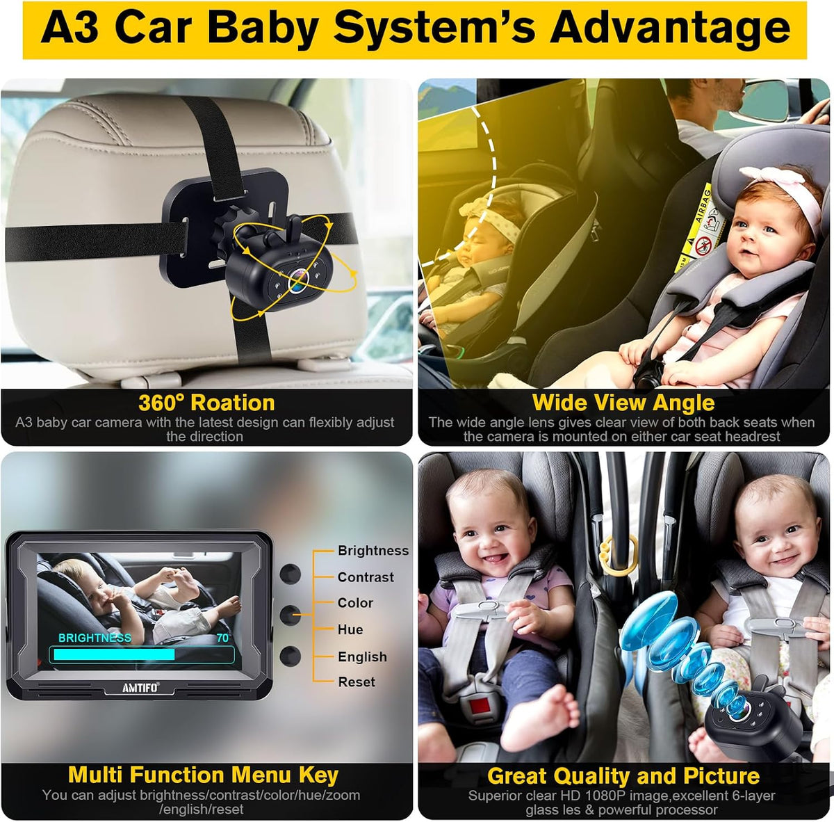 Baby Car Camera Easy Install: Clear Night Vision 2Mins Plug-Play Backseat Camera 360 Rotation Rear Facing Car Baby Monitor with Camera
