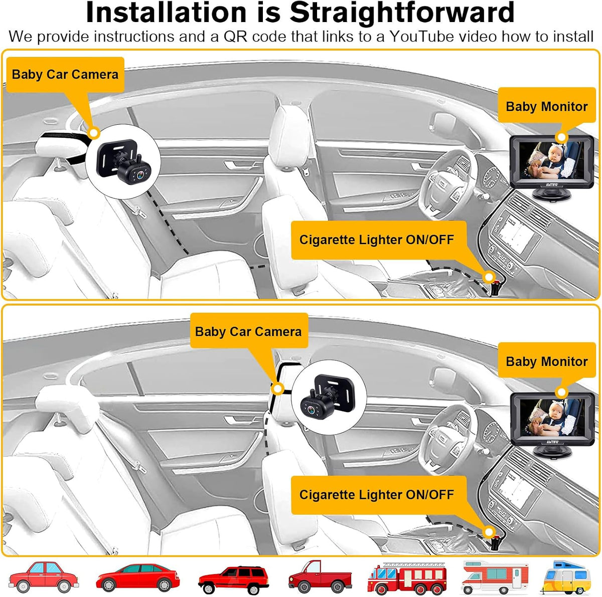 Baby Car Camera Easy Install: Clear Night Vision 2Mins Plug-Play Backseat Camera 360 Rotation Rear Facing Car Baby Monitor with Camera