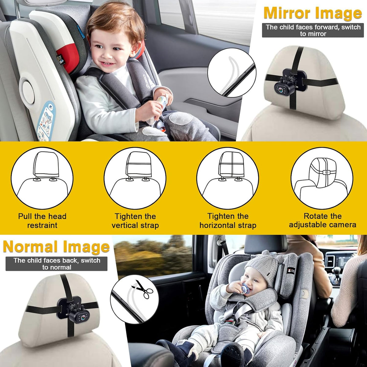 Baby Car Camera Easy Install: Clear Night Vision 2Mins Plug-Play Backseat Camera 360 Rotation Rear Facing Car Baby Monitor with Camera
