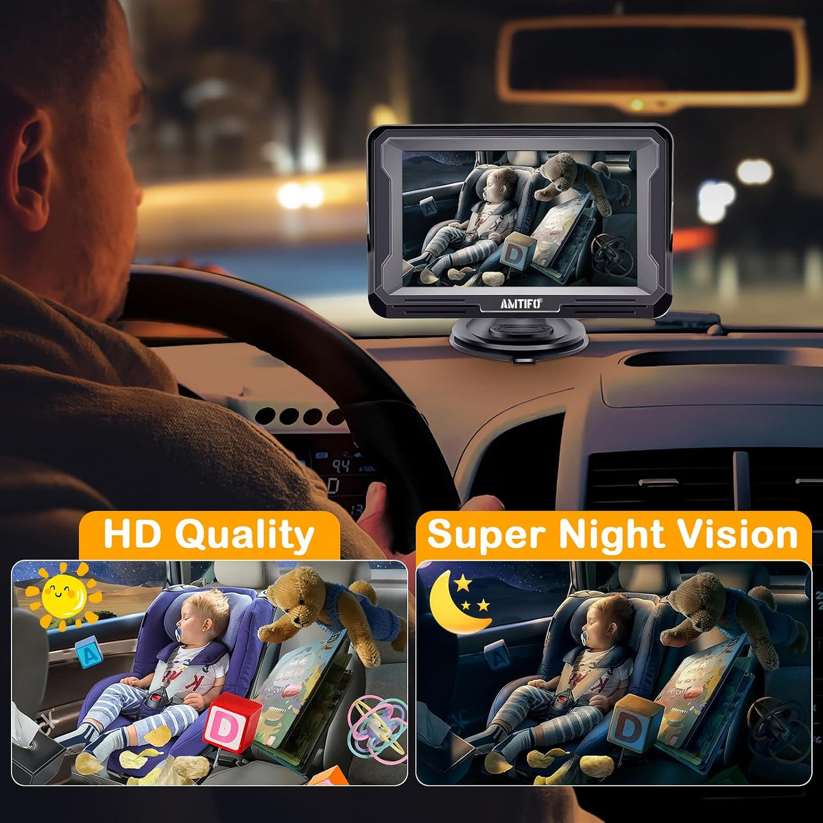 Baby Car Camera Easy Install: Clear Night Vision 2Mins Plug-Play Backseat Camera 360 Rotation Rear Facing Car Baby Monitor with Camera