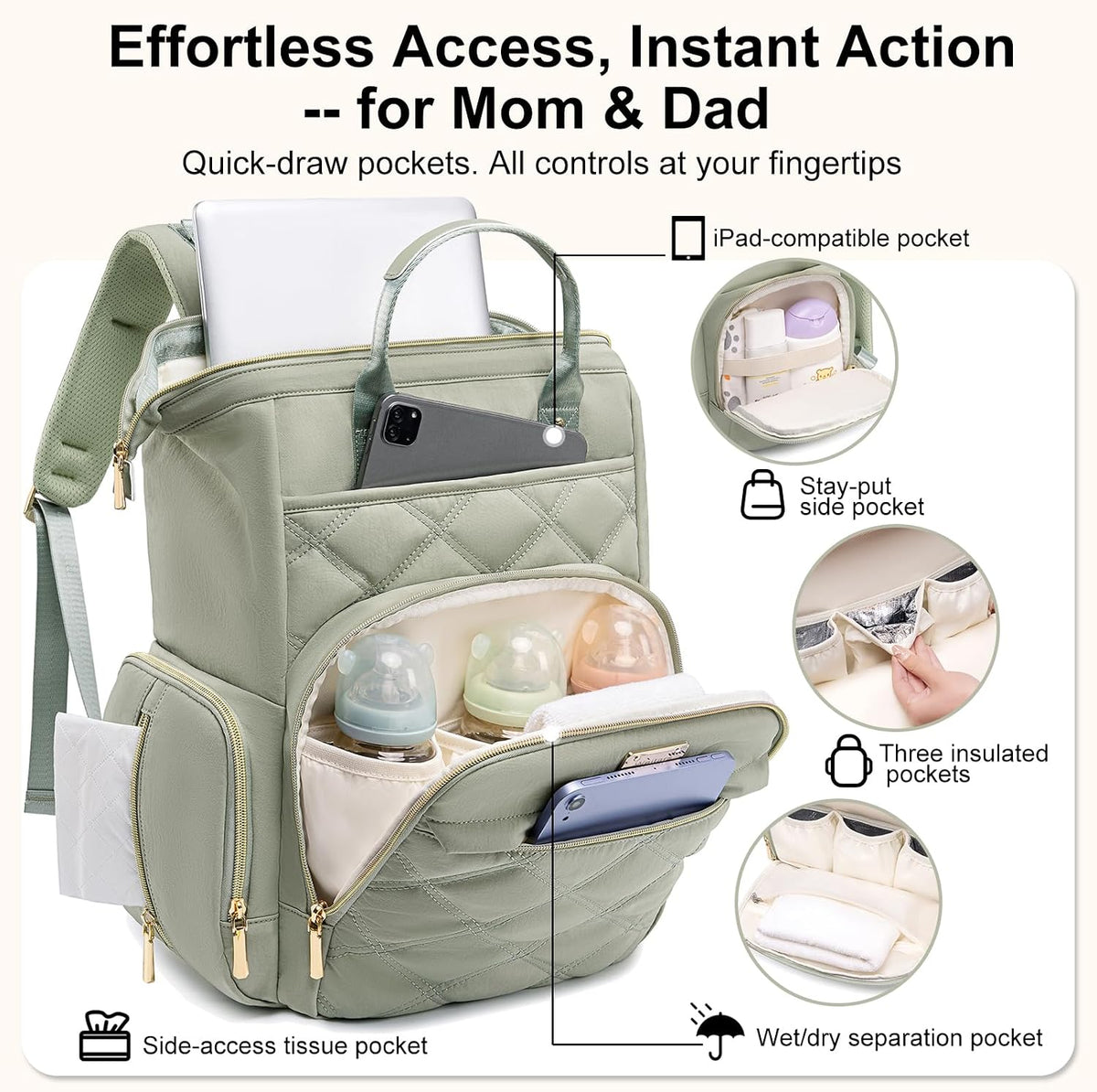 Diaper Bag Backpack Large Baby Diaper Bag with Changing Pad Green