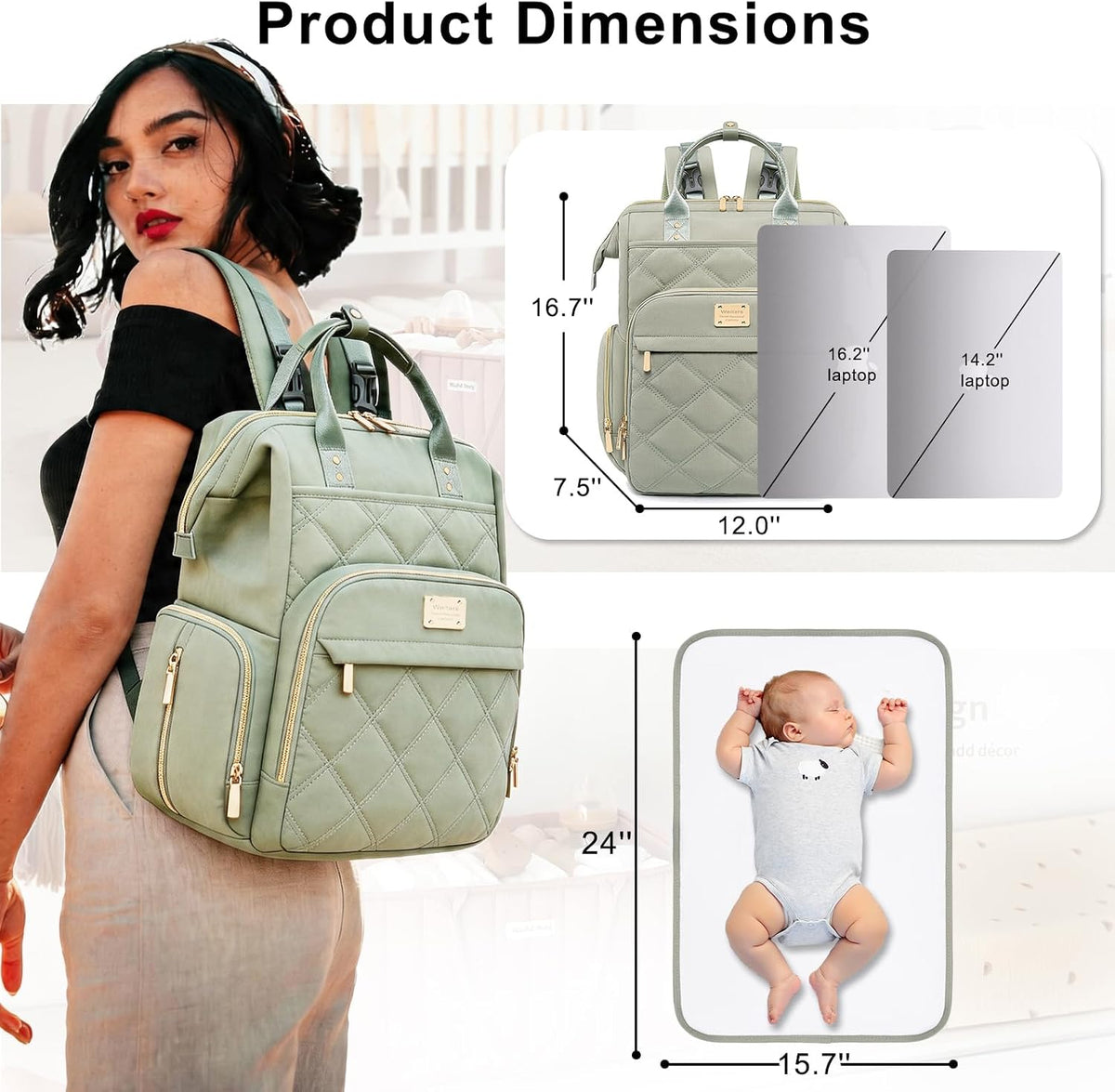 Diaper Bag Backpack Large Baby Diaper Bag with Changing Pad Green