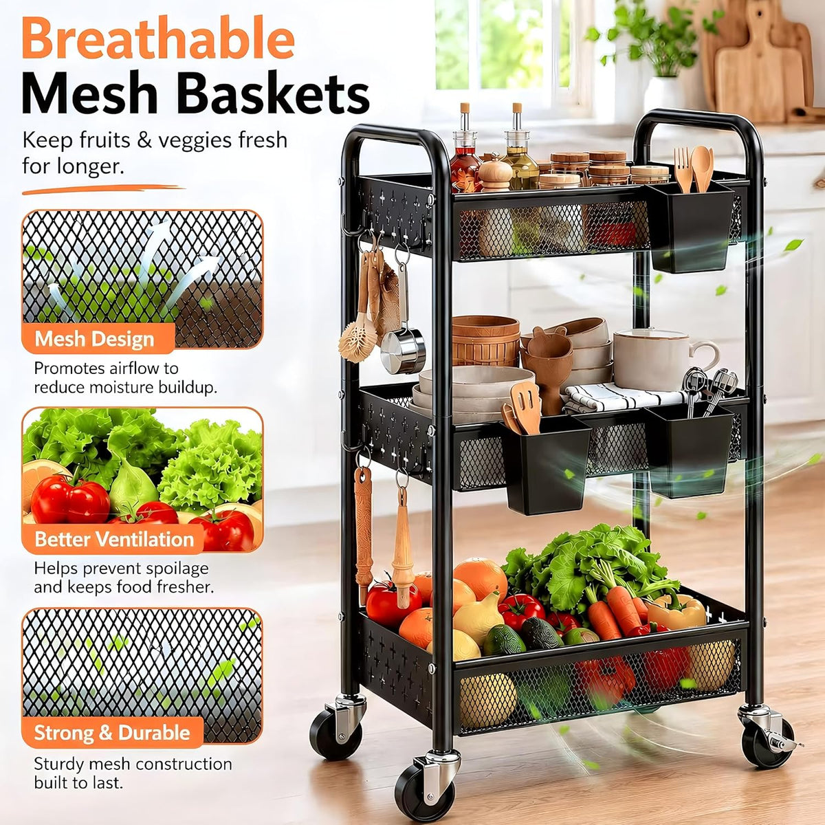Black Rolling Cart and Heavy Duty Kitchen Cart