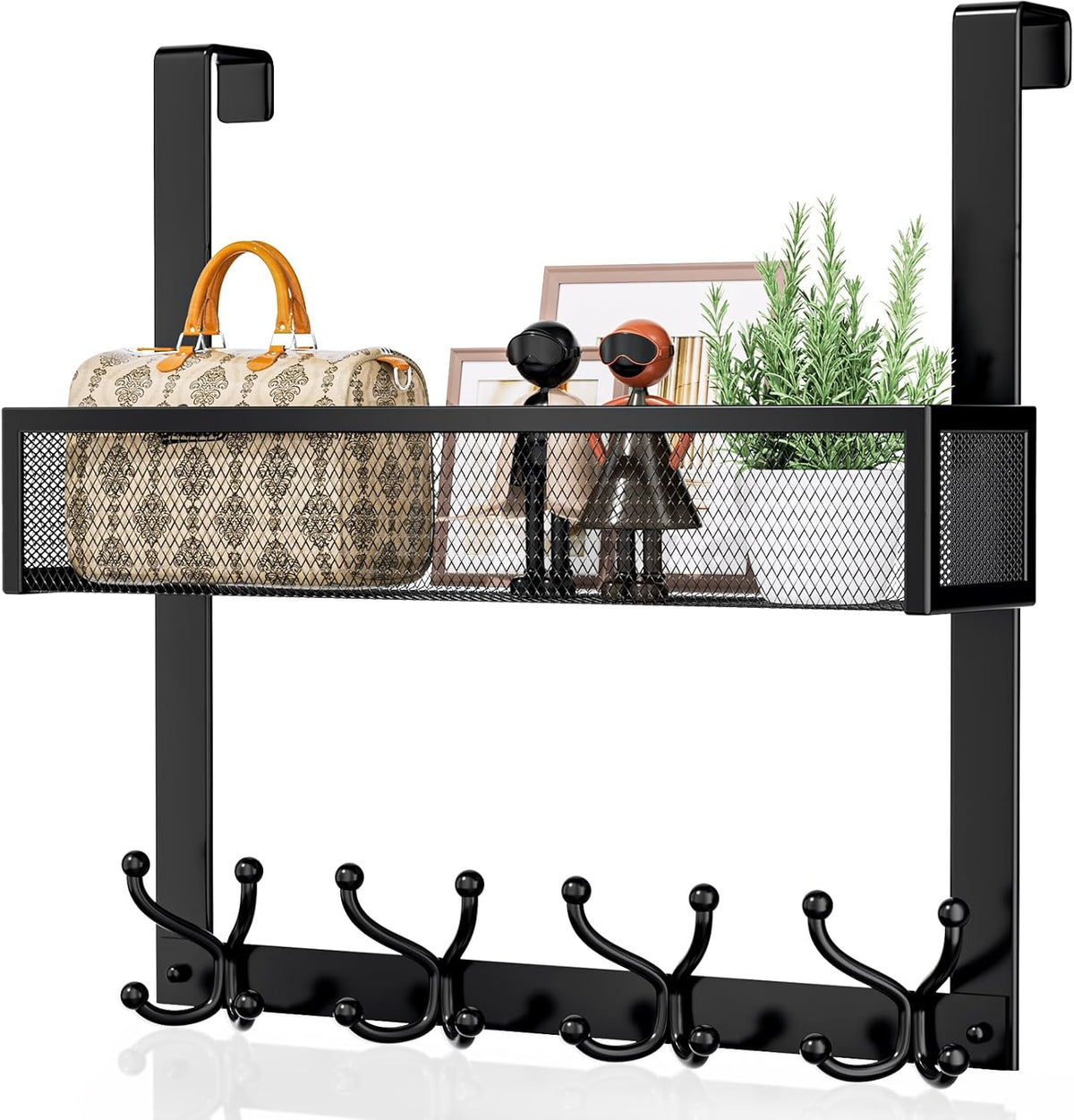 Over The Door Hooks Organizer - 4 Tier Door Coat Rack with 3 Baskets & 12 Hooks, Stainless Steel Towel Hanger for Bedroom, Bathroom, Living Room, Black