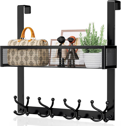 Over The Door Hooks Organizer - 4 Tier Door Coat Rack with 3 Baskets & 12 Hooks, Stainless Steel Towel Hanger for Bedroom, Bathroom, Living Room, Black