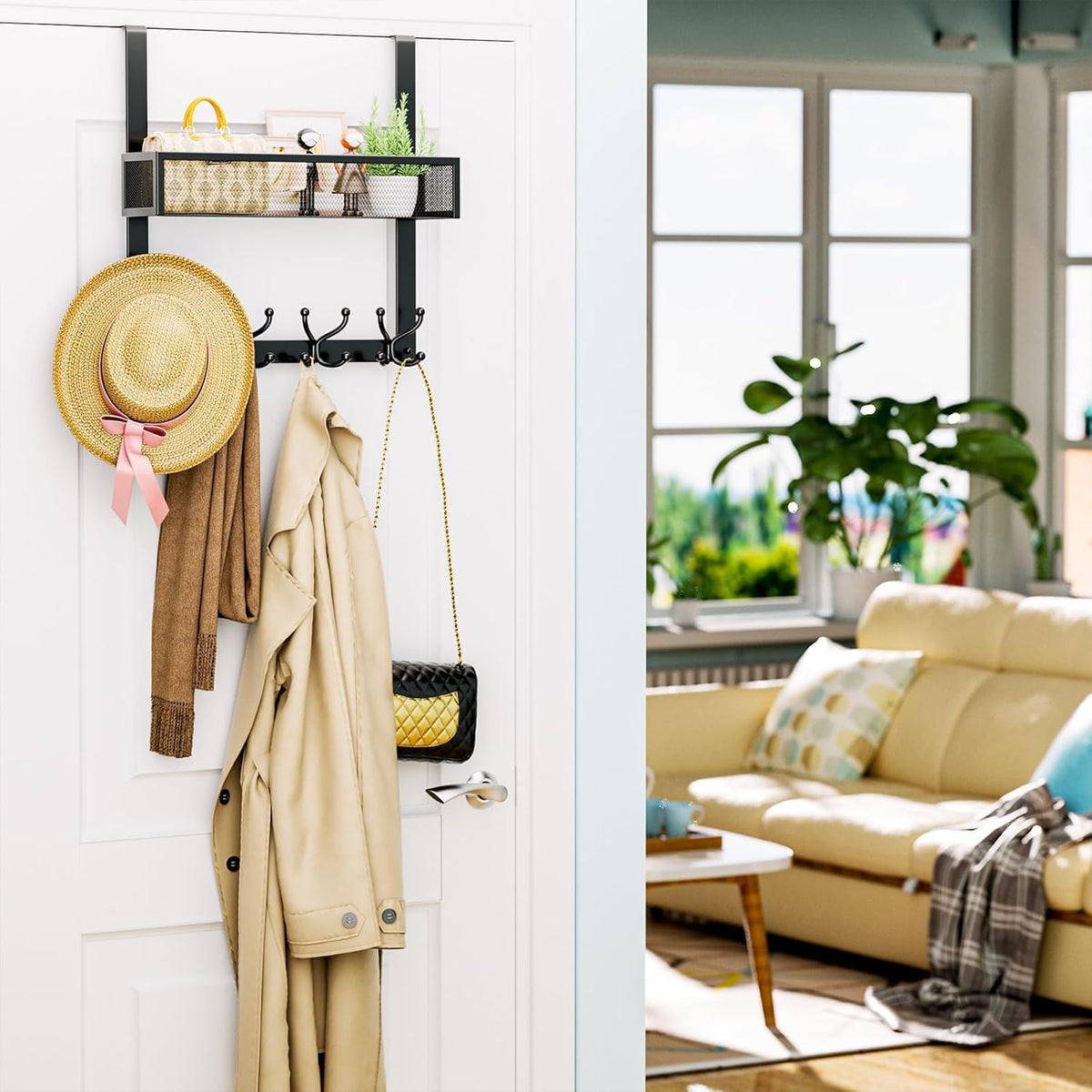 Over The Door Hooks Organizer - 4 Tier Door Coat Rack with 3 Baskets & 12 Hooks, Stainless Steel Towel Hanger for Bedroom, Bathroom, Living Room, Black