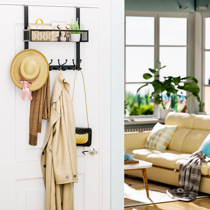 Over The Door Hooks Organizer - 4 Tier Door Coat Rack with 3 Baskets & 12 Hooks, Stainless Steel Towel Hanger for Bedroom, Bathroom, Living Room, Black