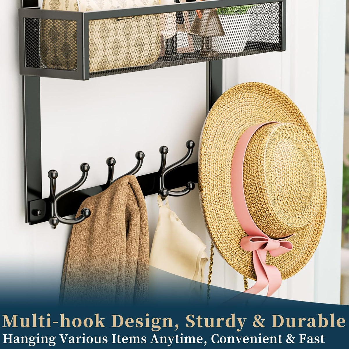 Over The Door Hooks Organizer - 4 Tier Door Coat Rack with 3 Baskets & 12 Hooks, Stainless Steel Towel Hanger for Bedroom, Bathroom, Living Room, Black