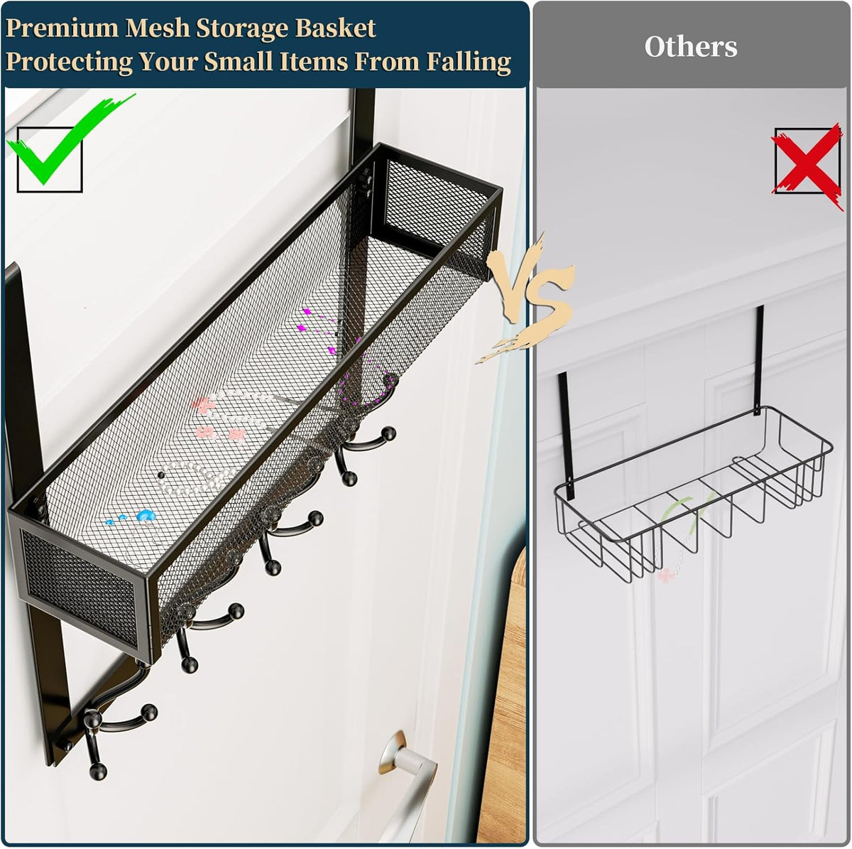 Over The Door Hooks Organizer - 4 Tier Door Coat Rack with 3 Baskets & 12 Hooks, Stainless Steel Towel Hanger for Bedroom, Bathroom, Living Room, Black
