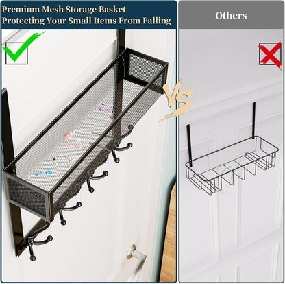 Over The Door Hooks Organizer - 4 Tier Door Coat Rack with 3 Baskets & 12 Hooks, Stainless Steel Towel Hanger for Bedroom, Bathroom, Living Room, Black