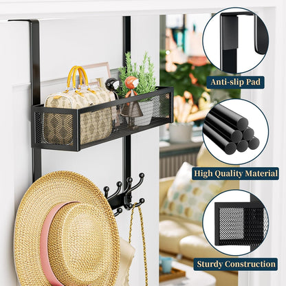 Over The Door Hooks Organizer - 4 Tier Door Coat Rack with 3 Baskets & 12 Hooks, Stainless Steel Towel Hanger for Bedroom, Bathroom, Living Room, Black
