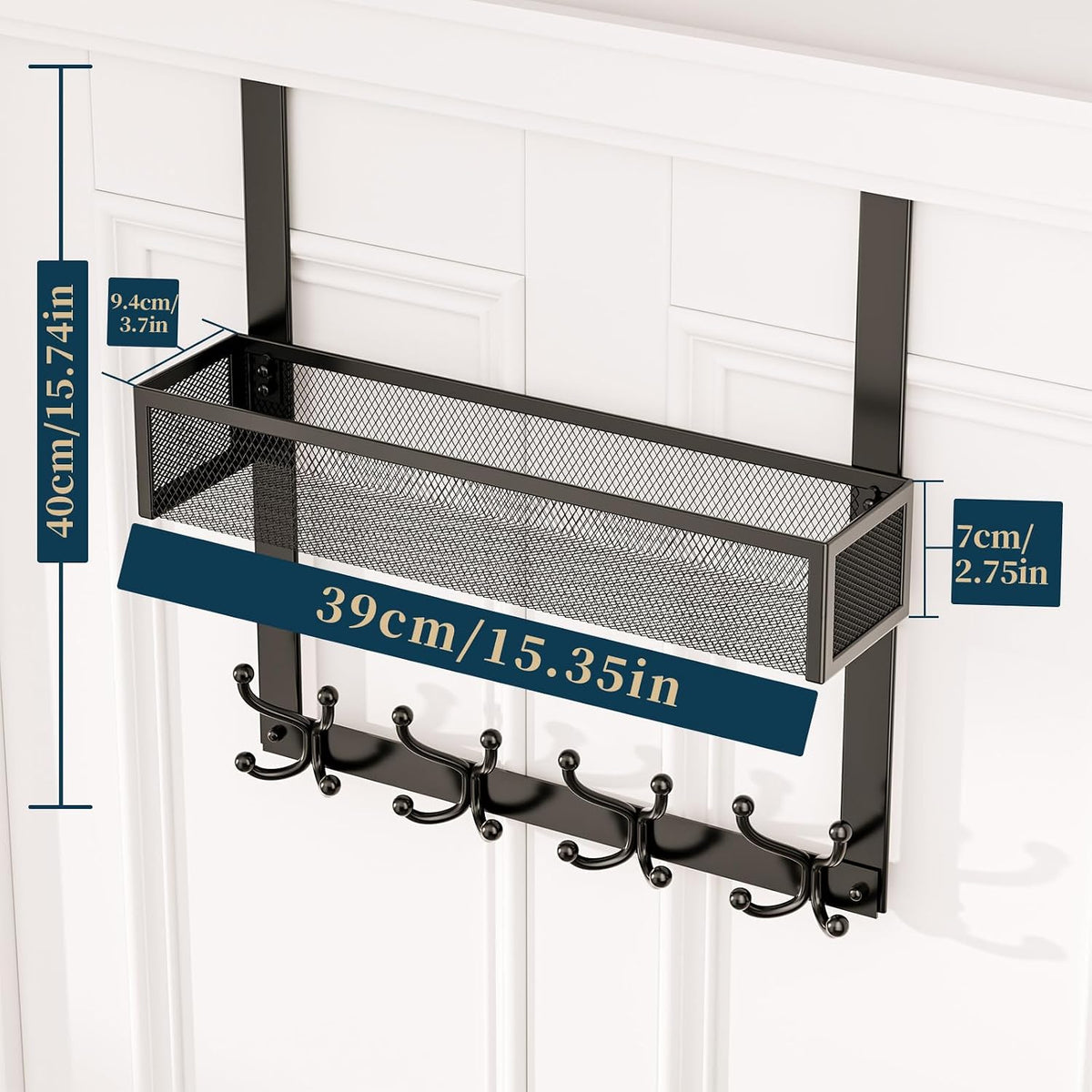 Over The Door Hooks Organizer - 4 Tier Door Coat Rack with 3 Baskets & 12 Hooks, Stainless Steel Towel Hanger for Bedroom, Bathroom, Living Room, Black