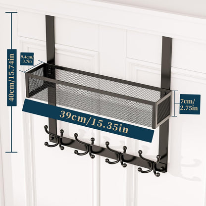 Over The Door Hooks Organizer - 4 Tier Door Coat Rack with 3 Baskets & 12 Hooks, Stainless Steel Towel Hanger for Bedroom, Bathroom, Living Room, Black