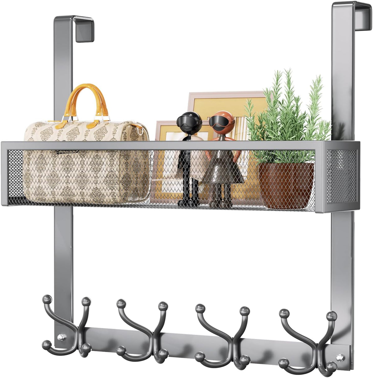 Over The Door Hooks Organizer - 4 Tier Door Coat Rack with 3 Baskets & 12 Hooks, Stainless Steel Towel Hanger for Bedroom, Bathroom, Living Room, Black