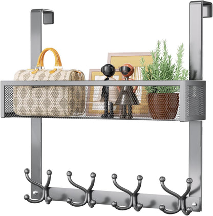 Over The Door Hooks Organizer - 4 Tier Door Coat Rack with 3 Baskets & 12 Hooks, Stainless Steel Towel Hanger for Bedroom, Bathroom, Living Room, Black