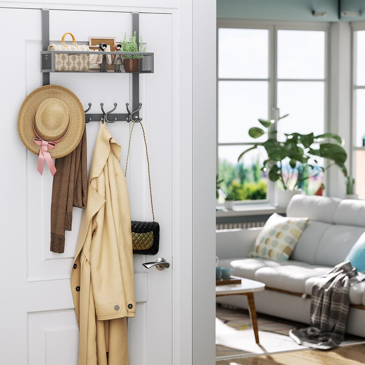 Over The Door Hooks Organizer - 4 Tier Door Coat Rack with 3 Baskets & 12 Hooks, Stainless Steel Towel Hanger for Bedroom, Bathroom, Living Room, Black