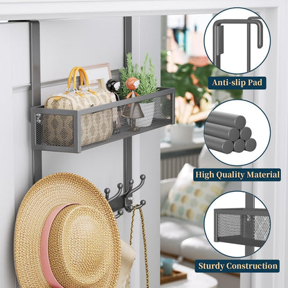 Over The Door Hooks Organizer - 4 Tier Door Coat Rack with 3 Baskets & 12 Hooks, Stainless Steel Towel Hanger for Bedroom, Bathroom, Living Room, Black