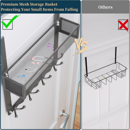 Over The Door Hooks Organizer - 4 Tier Door Coat Rack with 3 Baskets & 12 Hooks, Stainless Steel Towel Hanger for Bedroom, Bathroom, Living Room, Black