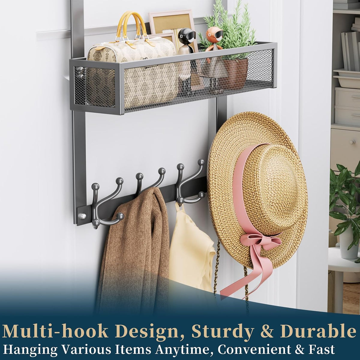 Over The Door Hooks Organizer - 4 Tier Door Coat Rack with 3 Baskets & 12 Hooks, Stainless Steel Towel Hanger for Bedroom, Bathroom, Living Room, Black