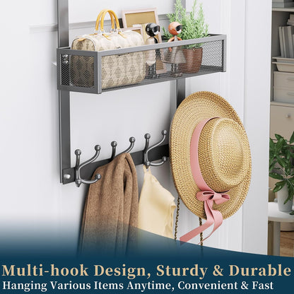 Over The Door Hooks Organizer - 4 Tier Door Coat Rack with 3 Baskets & 12 Hooks, Stainless Steel Towel Hanger for Bedroom, Bathroom, Living Room, Black