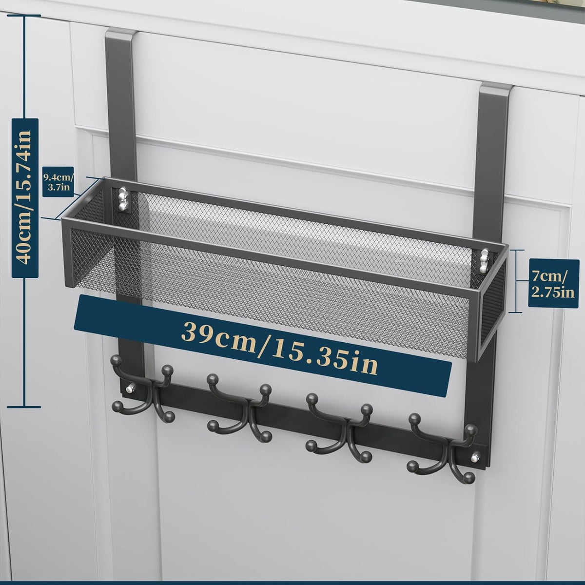 Over The Door Hooks Organizer - 4 Tier Door Coat Rack with 3 Baskets & 12 Hooks, Stainless Steel Towel Hanger for Bedroom, Bathroom, Living Room, Black