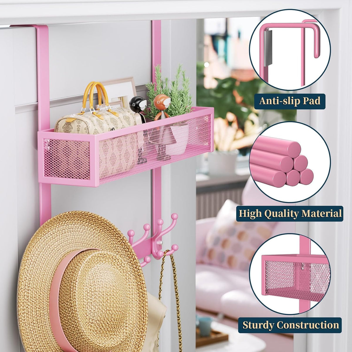 Over The Door Hooks Organizer - 4 Tier Door Coat Rack with 3 Baskets & 12 Hooks, Stainless Steel Towel Hanger for Bedroom, Bathroom, Living Room, Black