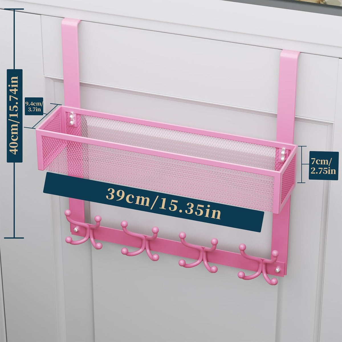 Over The Door Hooks Organizer - 4 Tier Door Coat Rack with 3 Baskets & 12 Hooks, Stainless Steel Towel Hanger for Bedroom, Bathroom, Living Room, Black