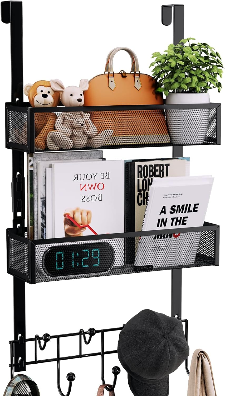 Over The Door Hooks Organizer - 4 Tier Door Coat Rack with 3 Baskets & 12 Hooks, Stainless Steel Towel Hanger for Bedroom, Bathroom, Living Room, Black