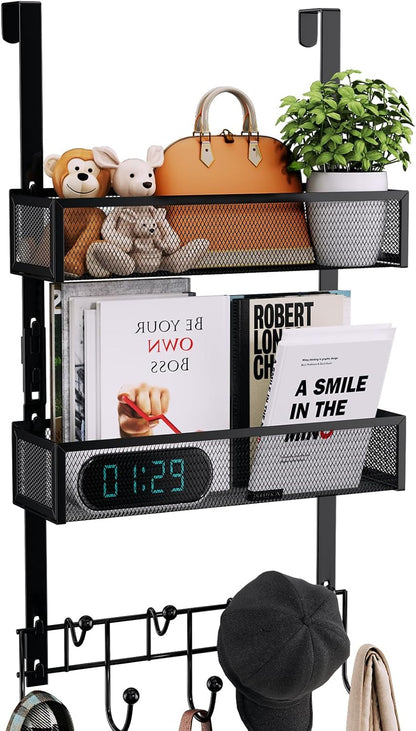 Over The Door Hooks Organizer - 4 Tier Door Coat Rack with 3 Baskets & 12 Hooks, Stainless Steel Towel Hanger for Bedroom, Bathroom, Living Room, Black