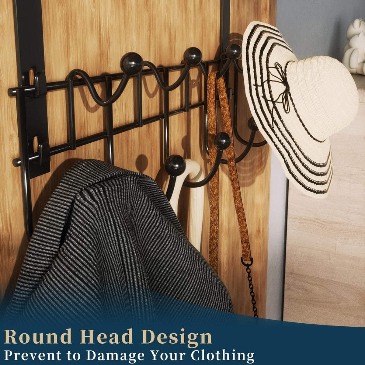 Over The Door Hooks Organizer - 4 Tier Door Coat Rack with 3 Baskets & 12 Hooks, Stainless Steel Towel Hanger for Bedroom, Bathroom, Living Room, Black