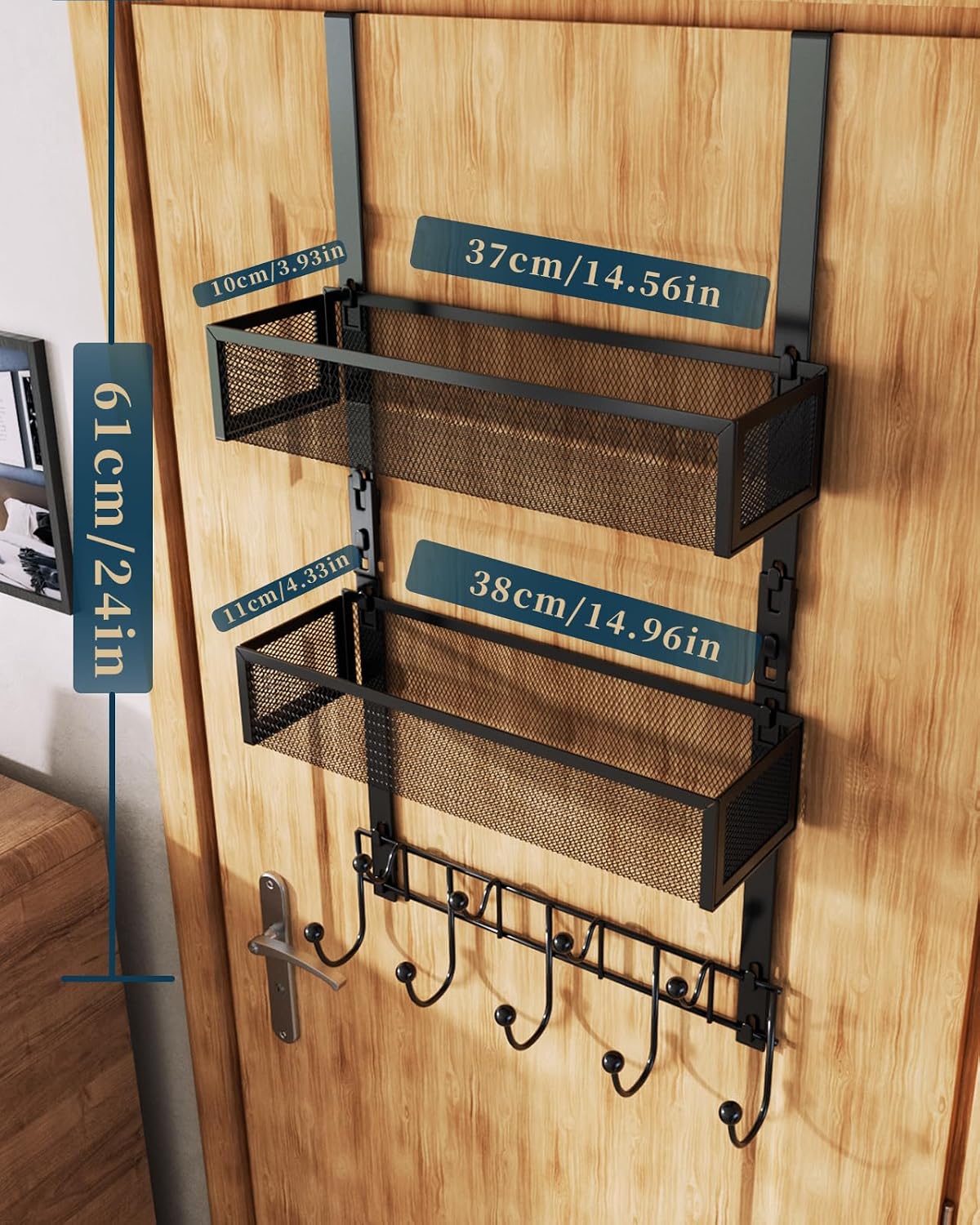 Over The Door Hooks Organizer - 4 Tier Door Coat Rack with 3 Baskets & 12 Hooks, Stainless Steel Towel Hanger for Bedroom, Bathroom, Living Room, Black