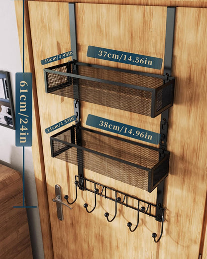 Over The Door Hooks Organizer - 4 Tier Door Coat Rack with 3 Baskets & 12 Hooks, Stainless Steel Towel Hanger for Bedroom, Bathroom, Living Room, Black