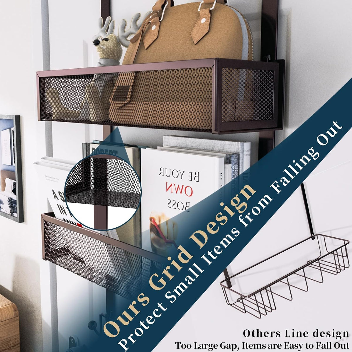 Over The Door Hooks Organizer - 4 Tier Door Coat Rack with 3 Baskets & 12 Hooks, Stainless Steel Towel Hanger for Bedroom, Bathroom, Living Room, Black