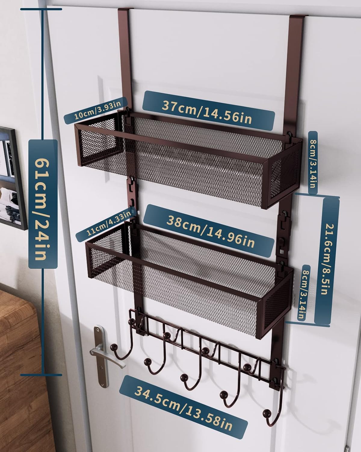 Over The Door Hooks Organizer - 4 Tier Door Coat Rack with 3 Baskets & 12 Hooks, Stainless Steel Towel Hanger for Bedroom, Bathroom, Living Room, Black