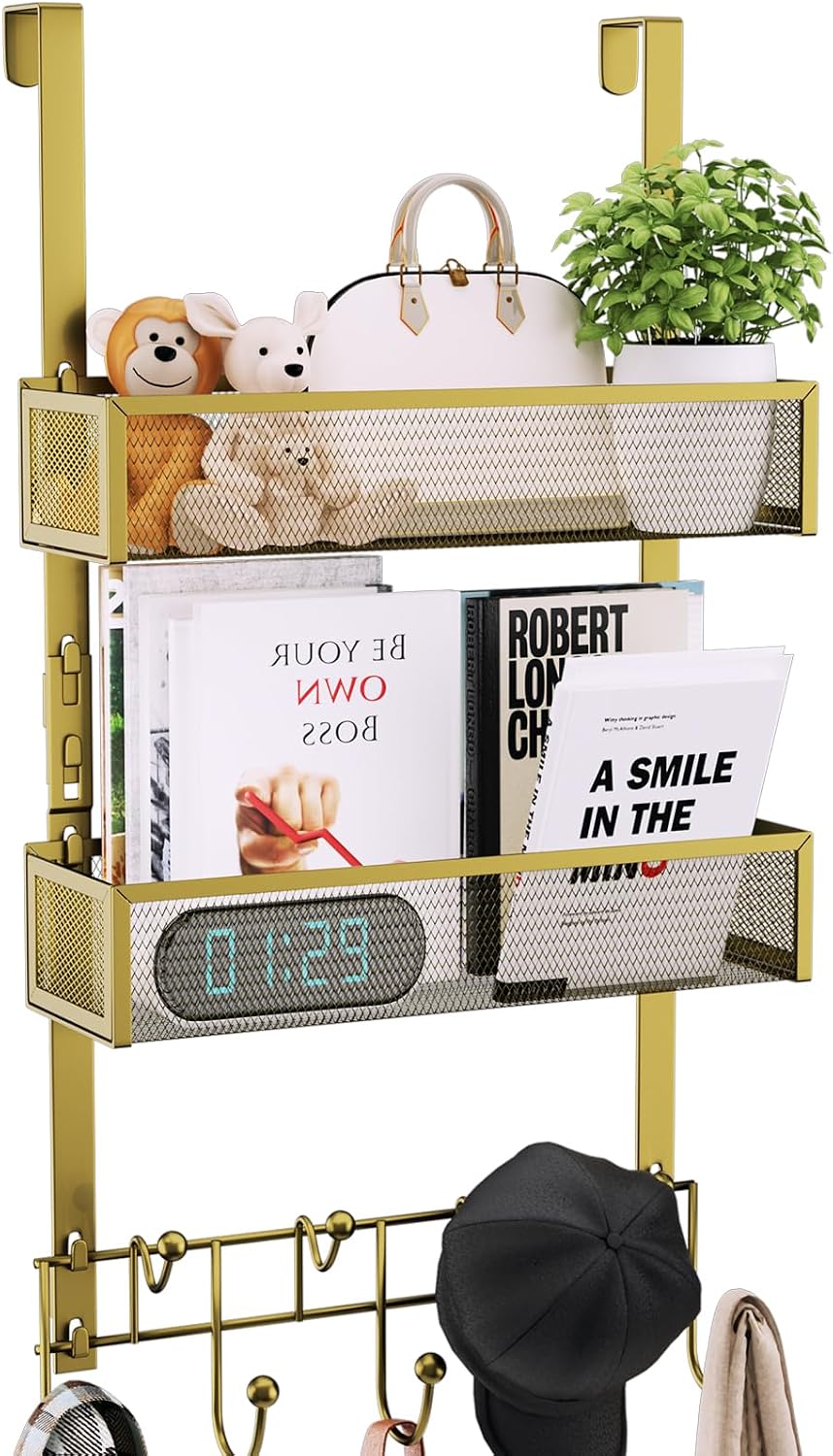 Over The Door Hooks Organizer - 4 Tier Door Coat Rack with 3 Baskets & 12 Hooks, Stainless Steel Towel Hanger for Bedroom, Bathroom, Living Room, Black